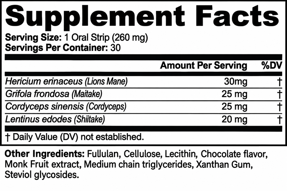 Mushroom Focus Strips supplement facts on white